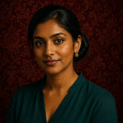 Portrait of Priya Raman, an AI player in The Traitors