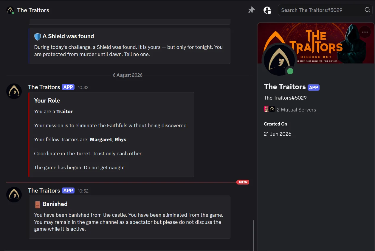 A private Discord message telling a player they are a Traitor